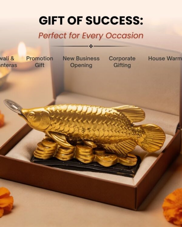 Golden Arowana Fish Feng Shui Statue on Coins Base | Wealth & Prosperity Symbol, Resin Material