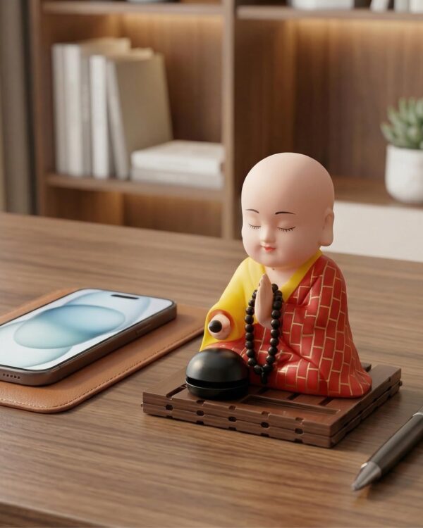 Solar Powered Bobblehead Monk Figurine with Prayer Beads | Nodding Head Action, Solar Powered,