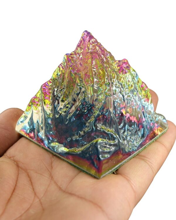 Bismuth Crystal Mountain Pyramid Sculpture, Rainbow Iridescent