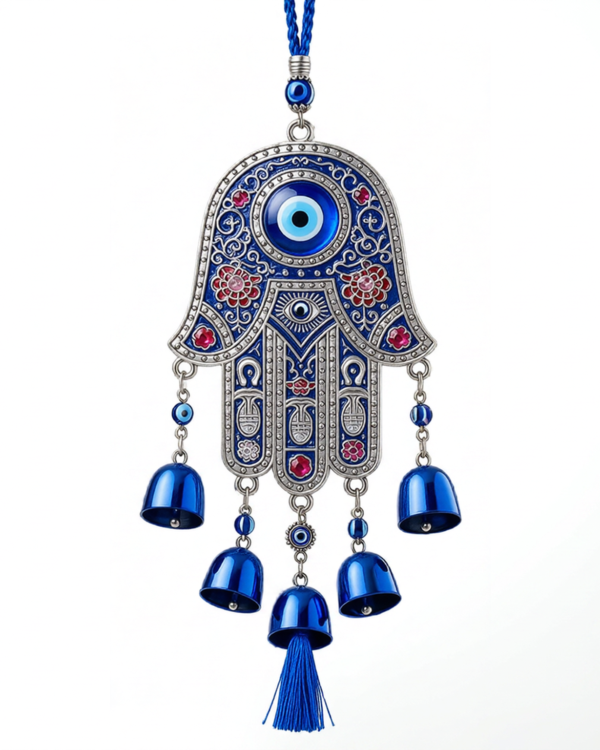 Hamsa Hand Evil Eye Wall Hanging with Bells and Tassel, Blue