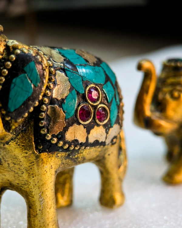 Brass Elephant Figurine Set of 3, Gold with Turquoise Stone Inlay