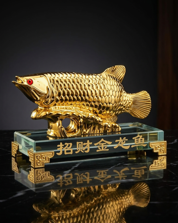 Golden Arowana Feng Shui Fish Statue on Crystal Glass Base