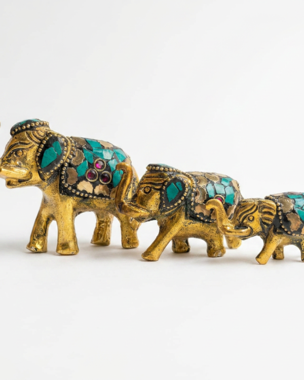 Brass Elephant Figurine Set of 3, Gold with Turquoise Stone Inlay