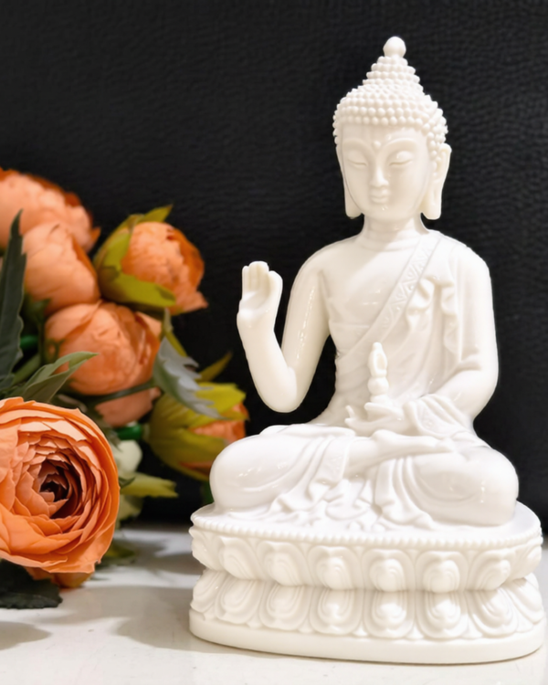 White Sitting Buddha Statue on Lotus Pedestal, Resin Figurine