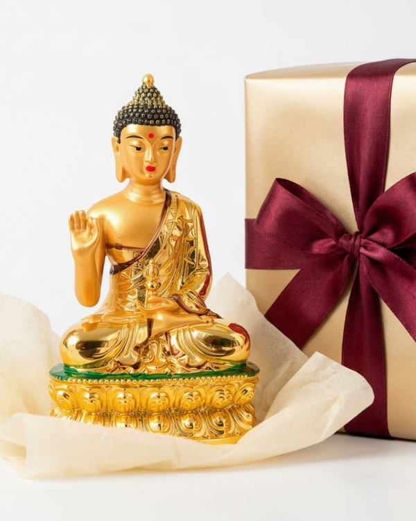 Buddha Statue Figurine, Gold Finish, Lotus Throne | Meditation Decor, Blessing Mudra Pose