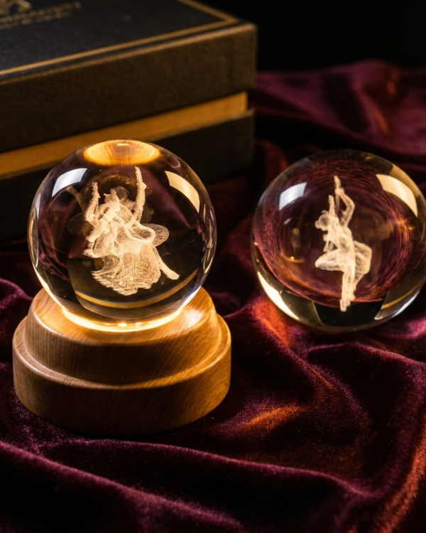 Shree Radha Krishna 3D Crystal Ball with LED Wooden Base