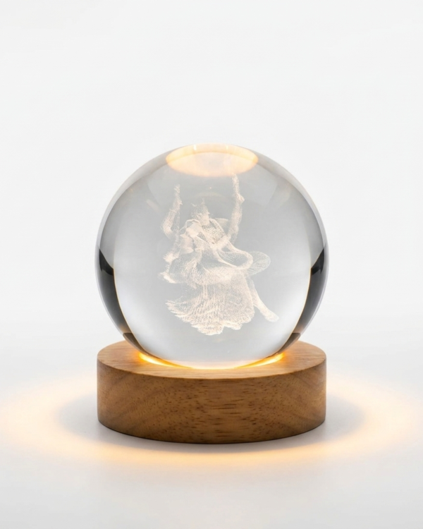 Shree Radha Krishna 3D Crystal Ball with LED Wooden Base