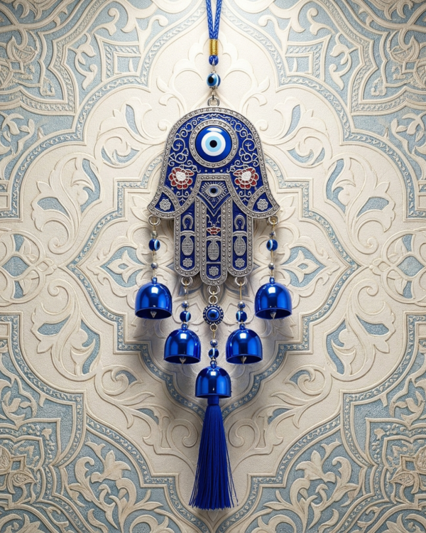 Hamsa Hand Evil Eye Wall Hanging with Bells and Tassel, Blue