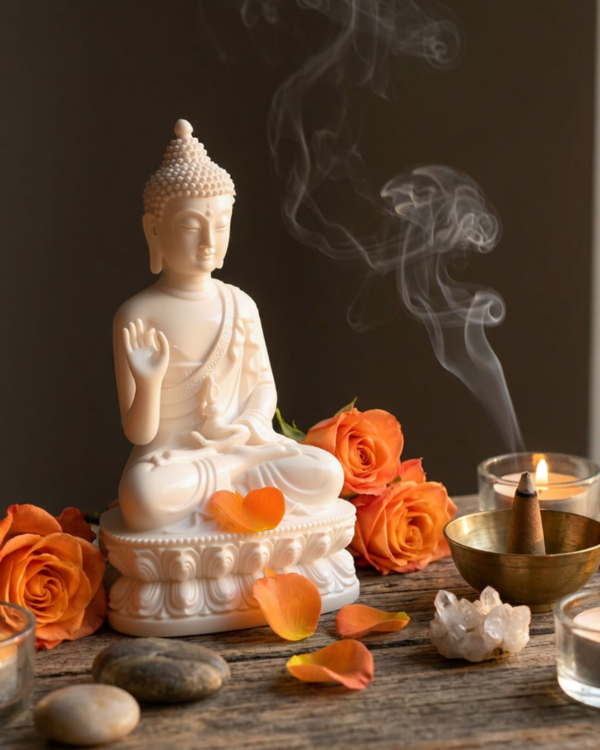 White Sitting Buddha Statue on Lotus Pedestal, Resin Figurine