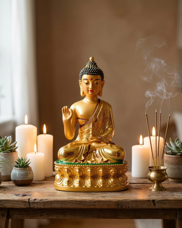 Buddha Statue Figurine, Gold Finish, Lotus Throne | Meditation Decor, Blessing Mudra Pose